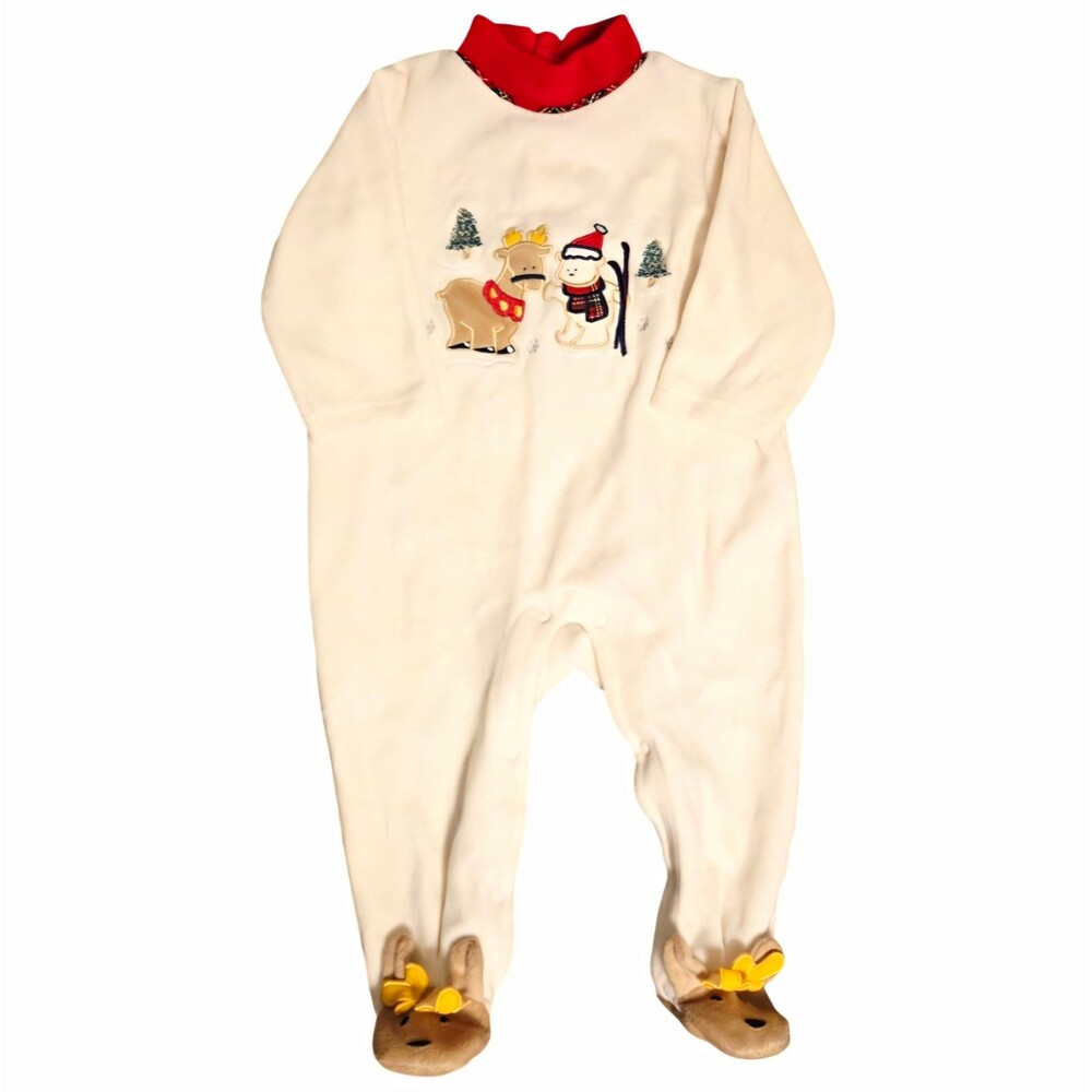 Little Wonder Fleece Coverall Hooded Footed Reindeer/Snowman Emb 6-9M